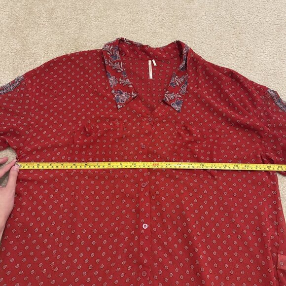 Free People Womens Easy Rider Red Combo Button Down Blouse Sz L Sheer Floral - Picture 7 of 10